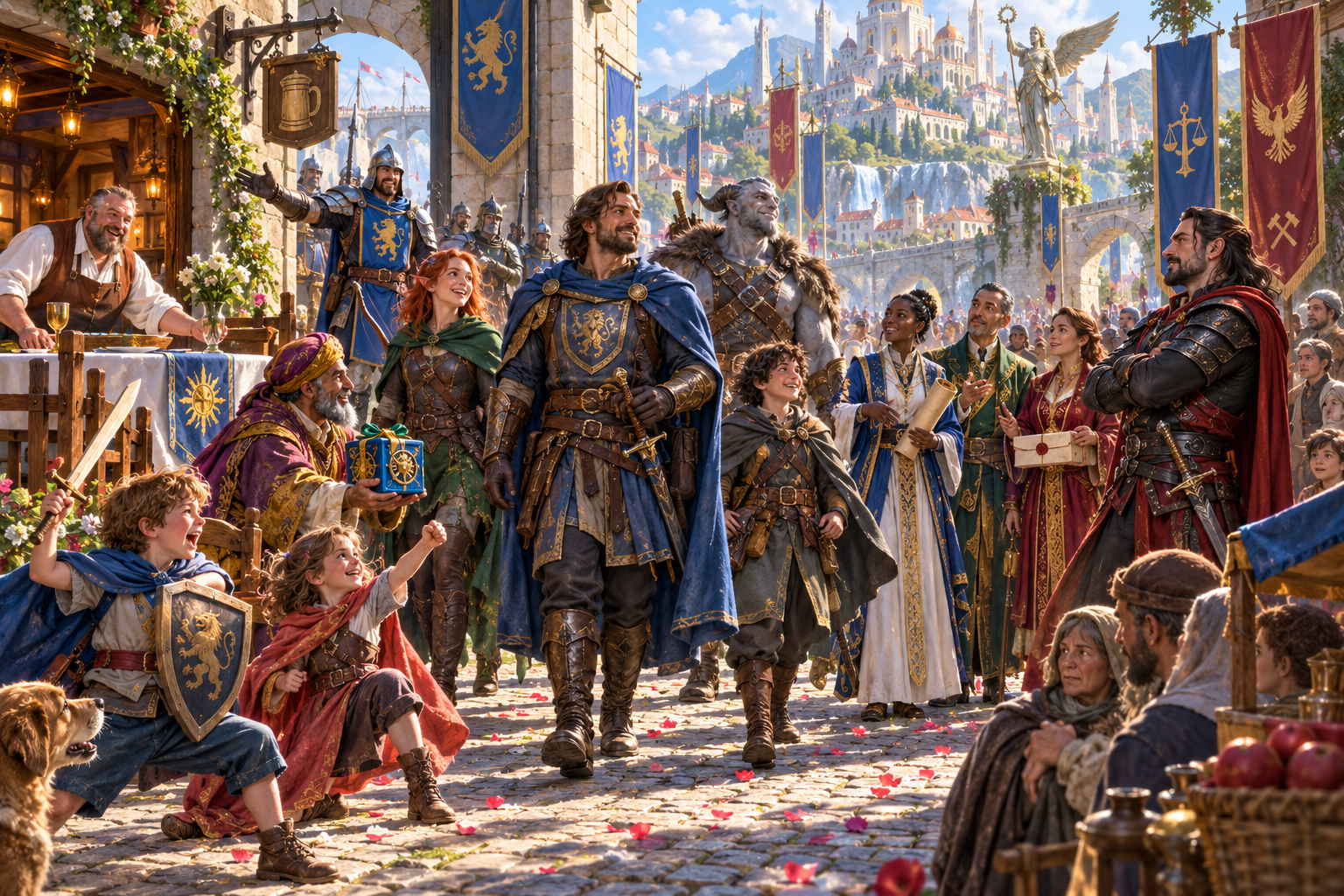 Illustration of a party receiving gifts and invitations at a city gate while a folded-arm observer watches