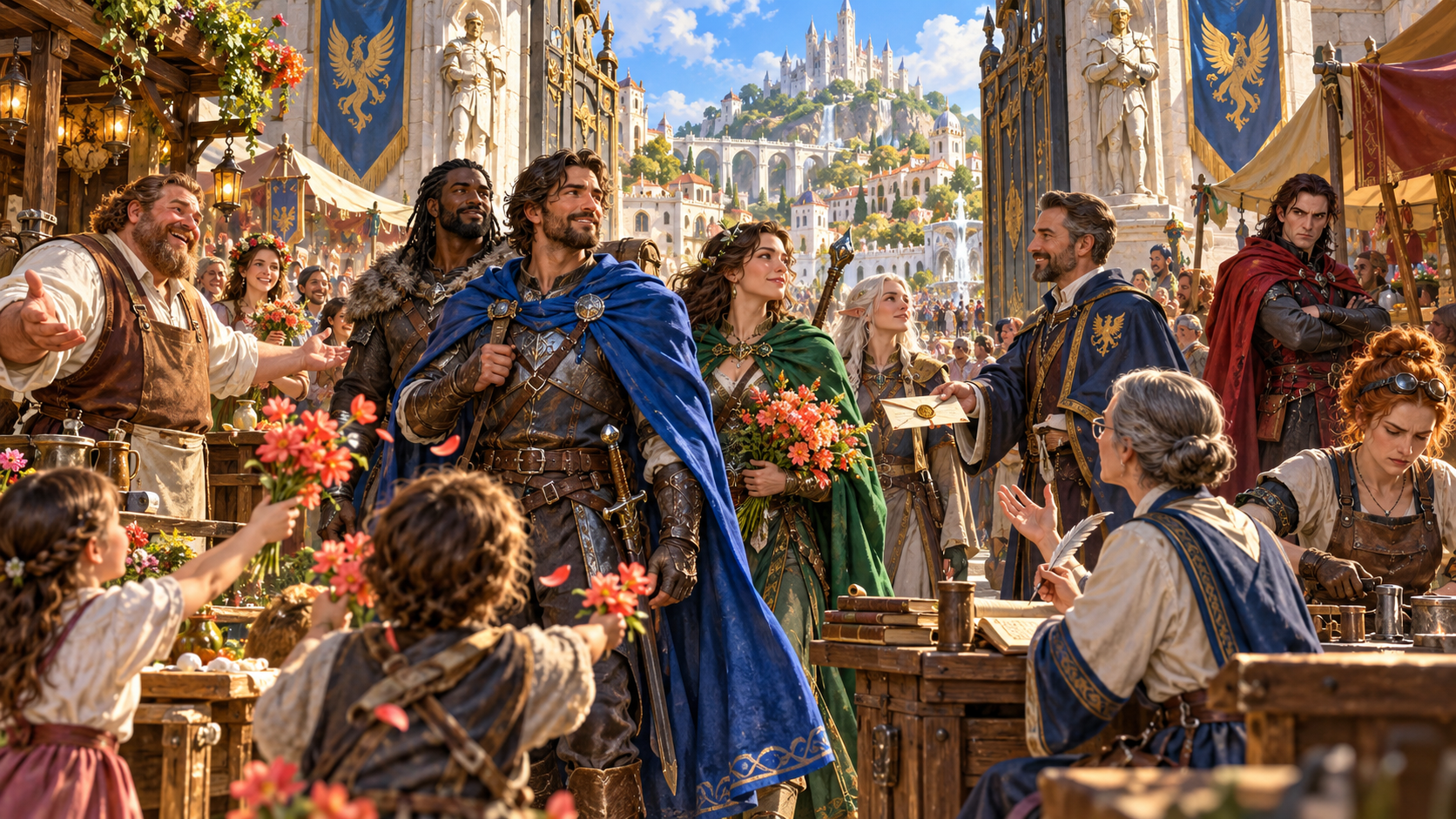 Illustration of a party welcomed with flowers and an invitation while a sceptical red-cloaked figure watches