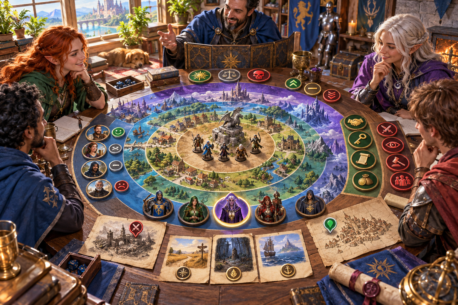 Game table illustration with a map, rings of reach and symbols for tone, change, reactions and faction attention